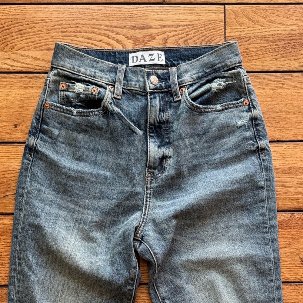 DAZE Women Sz 26 Bootcut Flare Raw Hem Sids Slit Tough Love Jeans Organic Cotton - Picture 3 of 13